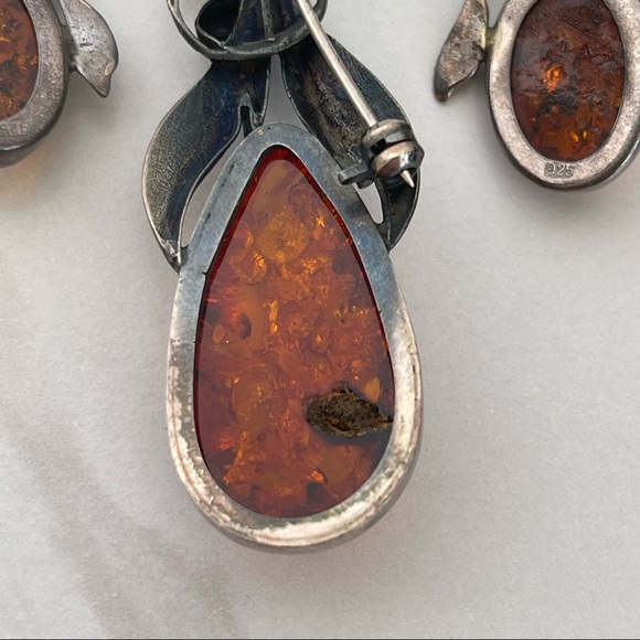 Vintage Sterling silver 925 Baltic Amber necklace pendant pin earrings brooch - Picture 4 of 16